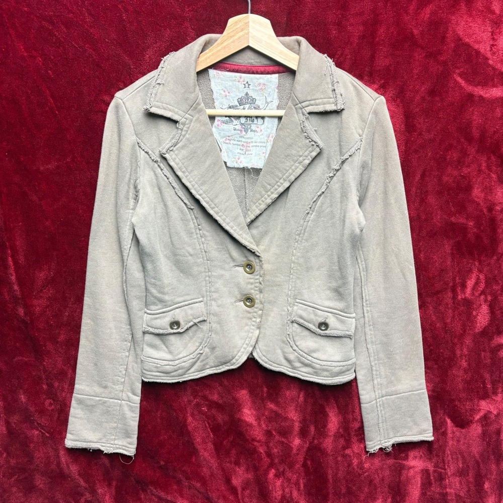 Vintage Rags Taupe Cotton Raw‎ Edge Distressed Knit Blazer Jacket Womens Small